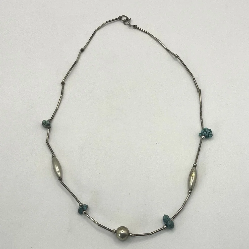 Vintage Turquoise Nugget‎ Sterling Silver Round & Melon Bead Necklace - Picture 6 of 11